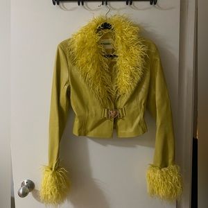 Yellow Shaggy Faux Leather Heart Buckle Jacket